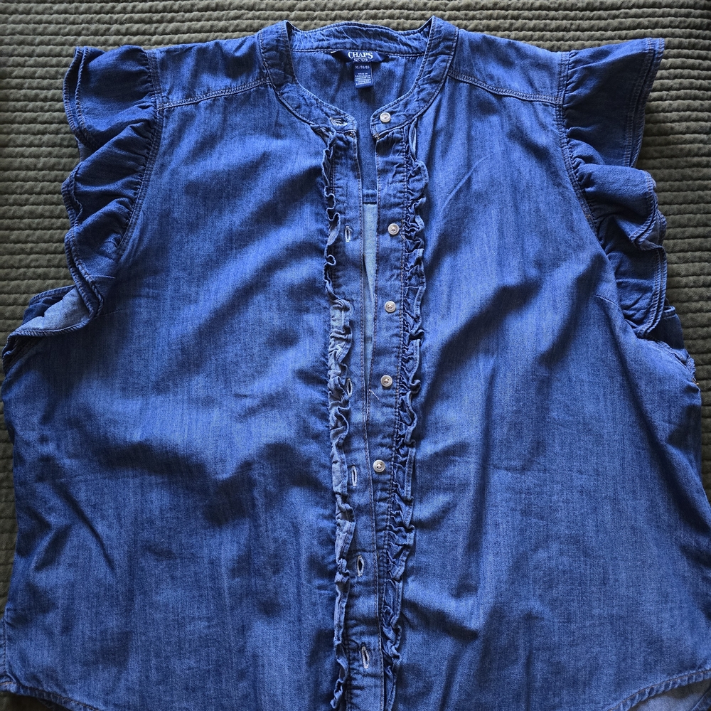 Chaps Denim Blue Ruffle Button Down Shirt